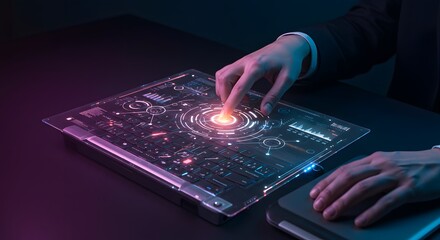 Futuristic holographic interface with a hand interacting with glowing data visualizations and keyboard