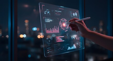 Fototapeta premium Futuristic Holographic Tablet Displaying Financial Data and Analytics