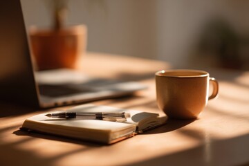 Minimalist desk with notebook, pen, and coffee cup in warm morning light