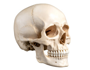 A detailed anatomical representation of a human skull showcasing its intricate structure and features.