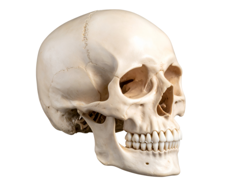 A detailed anatomical representation of a human skull showcasing its intricate structure and features.