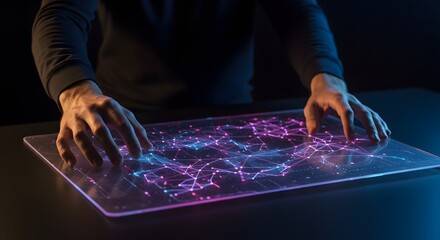 Futuristic interface interaction with glowing network data on a transparent screen