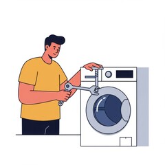 Man repairing washing machine with wrench in modern home setting  