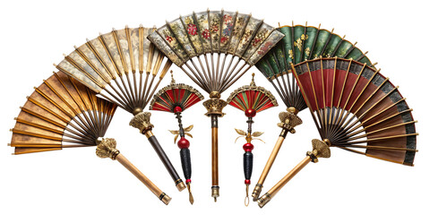 Collection of ornate antique Chinese war fans isolated on a transparent background 1