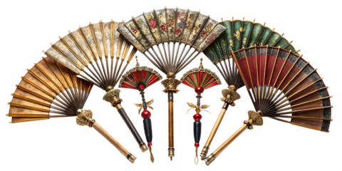 Collection of ornate antique Chinese war fans isolated on a transparent background 1