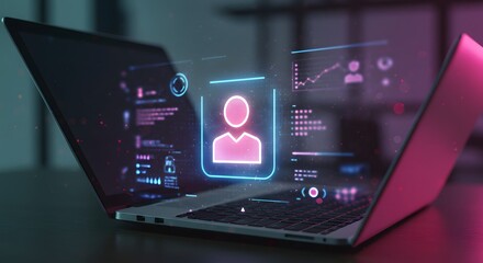 Futuristic Laptop with Holographic User Interface and Data Visualizations