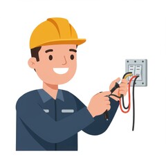 Electrician working on wiring in home with tools and smiling  