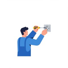 Technician repairing electrical outlet with screwdriver indoors  