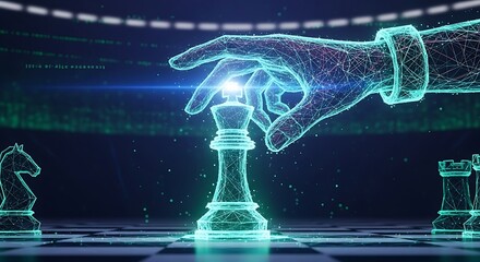 Dynamic AI hand guides digital king on chessboard, symbolizing strategic tech innovation and future success.