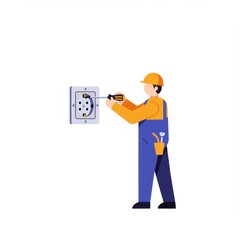Electrician installing electrical outlet with screwdriver in workspace  