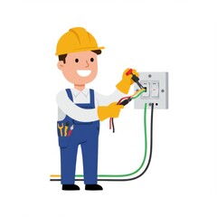 Electrician working on electrical panel with tools and safety gear  