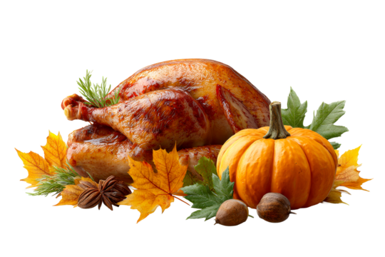 Roasted turkey with autumn leaves and pumpkin