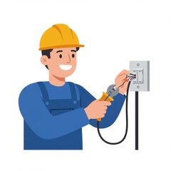 Electrician repairing wiring with tools while smiling indoors  