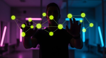 Futuristic Network Connection: Person Interacting with Digital Social Network Interface