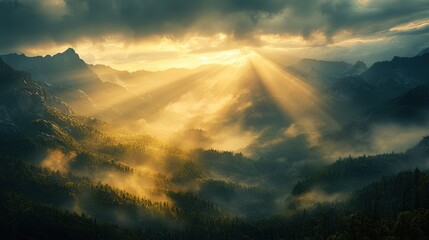 Majestic mountain landscape at sunrise with sun rays piercing through dark stormy clouds illuminating lush green forests in a remote wilderness scene