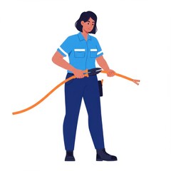 Young woman electrician holding cable and using wire cutters  