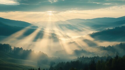 Sunrise over Misty Mountain Range with Sun Rays Breaking Through Cloud Cover and Illuminating Verdant Forest Hills in Serene Landscape