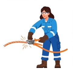 Woman using tool to cut rope while wearing safety gear indoors  