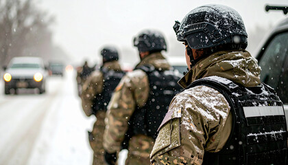 Armed personnel in winter gear stand alert at international checkpoint halt during snowfall ensuring security and vigilance outdoors