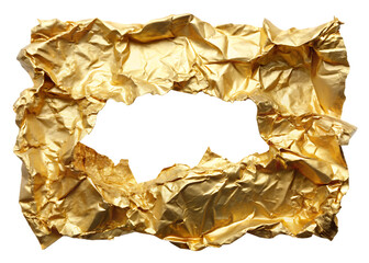 Crumpled gold foil torn in irregular shape isolated on a transparent background metallic
