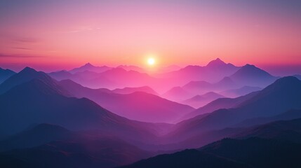 Colorful sunrise over misty mountain range with vibrant pink, purple, and blue hues creating a serene and majestic landscape scene