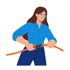 Woman cutting electrical wire with tools while wearing safety glasses  