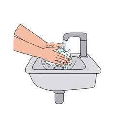 Hands washing dishes under running water in a kitchen sink  