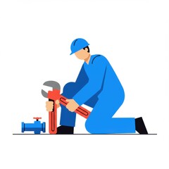 Plumber fixing valve with wrench while kneeling on floor  