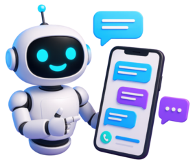 Friendly cartoon robot pointing at a smartphone with chat messages and speech bubbles chatbot artificial intelligence isolated on a transparent background