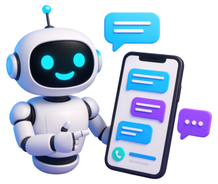 Friendly cartoon robot pointing at a smartphone with chat messages and speech bubbles chatbot artificial intelligence isolated on a transparent background