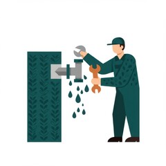 Plumber repairing leaking pipe with wrench in modern style illustration  
