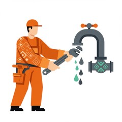 Plumber fixing leaking faucet with wrench in work uniform  
