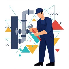 Plumber repairing pipes with wrench in modern geometric background  