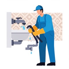 Plumber repairing sink with wrench and working gloves in home bathroom  