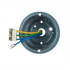 Electrical junction box with colored wires and connectors on white background  