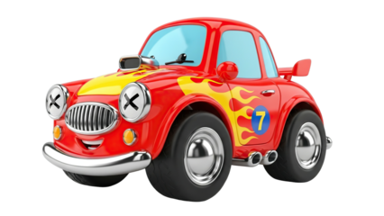 Joyful cartoon race car with flaming decals and number seven, ready for fun adventures