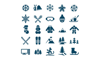 Winter Sports Icons & Ski Equipment Silhouettes – Skiing, Snowboarding, Skating, and Snow Adventure Vector Set