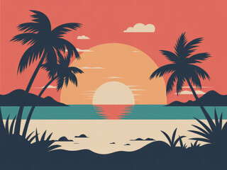 Fototapeta premium Tropical sunset beach with palm trees, ocean waves and orange sky, summer holiday seascape illustration, relaxing tropical paradise landscape for travel, vacation and nature background
