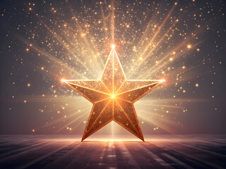 Golden glitter star with radiant light bursts on dark background
