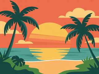 Obraz premium Tropical sunset beach with palm trees, ocean waves and orange sky, summer holiday seascape illustration, relaxing tropical paradise landscape for travel, vacation and nature background