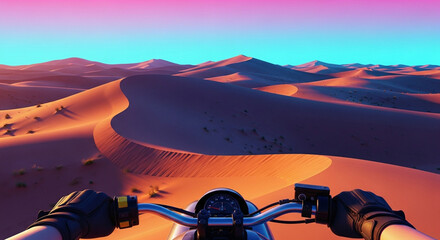 A person is riding a motorcycle through a vast desert landscape, with rolling sand dunes stretching towards the horizon under a colorful sky, creating a sense of adventure.