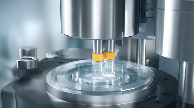 Close-up of laboratory equipment processing sample vials in a precision scientific instrument