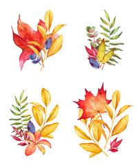 Watercolor hand drawn bouquets with colorful autumn leaves isolated on white background