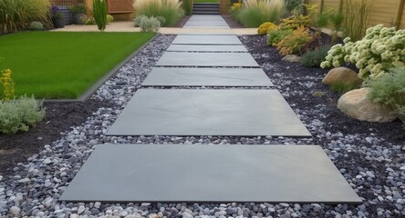 Obraz premium Gray stone pathway through landscaped backyard
