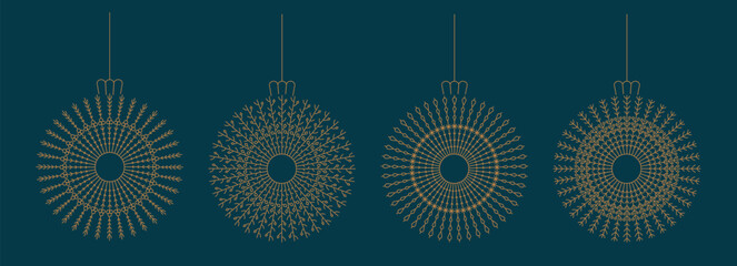 Thin line Christmas tree wreath shape balls. Winter holiday decoration for tree, home decor bauble set. Boho style cute toys, vector frames