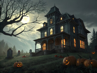 Haunted Victorian House at Night with Jack-o-lanterns and Full Moon