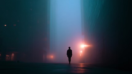 Obraz premium Mysterious figure walking through a foggy urban alley in twilight