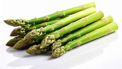 A bunch of asparagus spears fresh green stalks realistic texture white background with clean light reflection