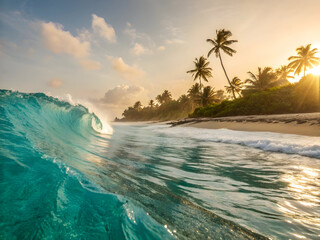 Ocean wave breaking near tropical beach at sunset with palm trees