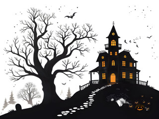 Haunted house illustration with spooky tree and flying bats isolated on transparent background